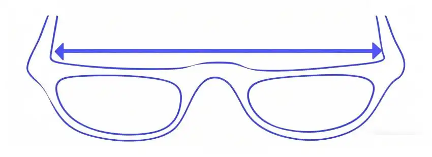 Diagram: front view of eyeglasses with a horizontal arrow from hinge to hinge for total frame width