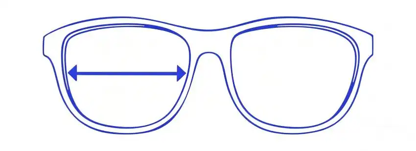 Diagram: front view of eyeglasses with a horizontal arrow across the widest part of one lens