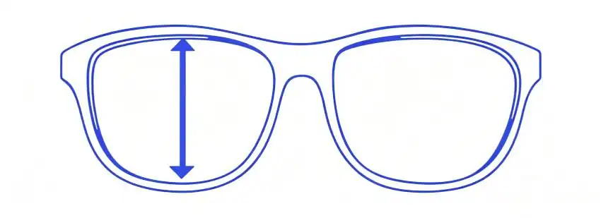 Diagram: front view of eyeglasses with a vertical arrow for lens height at the tallest part of the lens