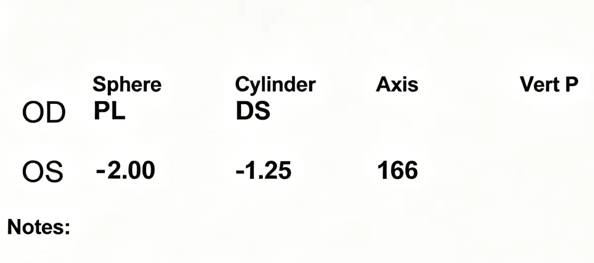 Other terms prescription table beside the online form with OD, OS, SPH, CYL, AXIS, and dual PD fields