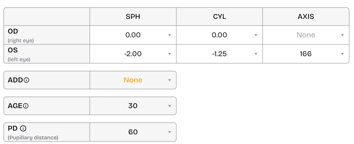 Other terms prescription table beside the online form with OD, OS, SPH, CYL, AXIS, and dual PD fields