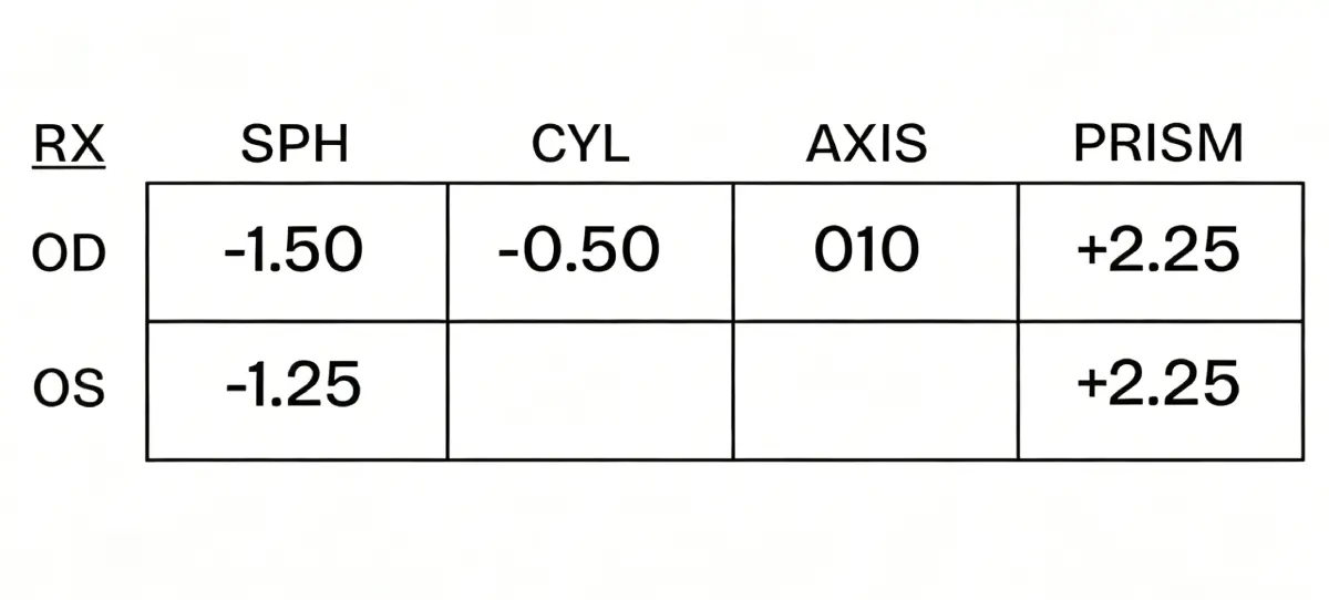 Example progressive prescription table beside the online form with OD, OS, SPH, CYL, AXIS, and dual PD fields