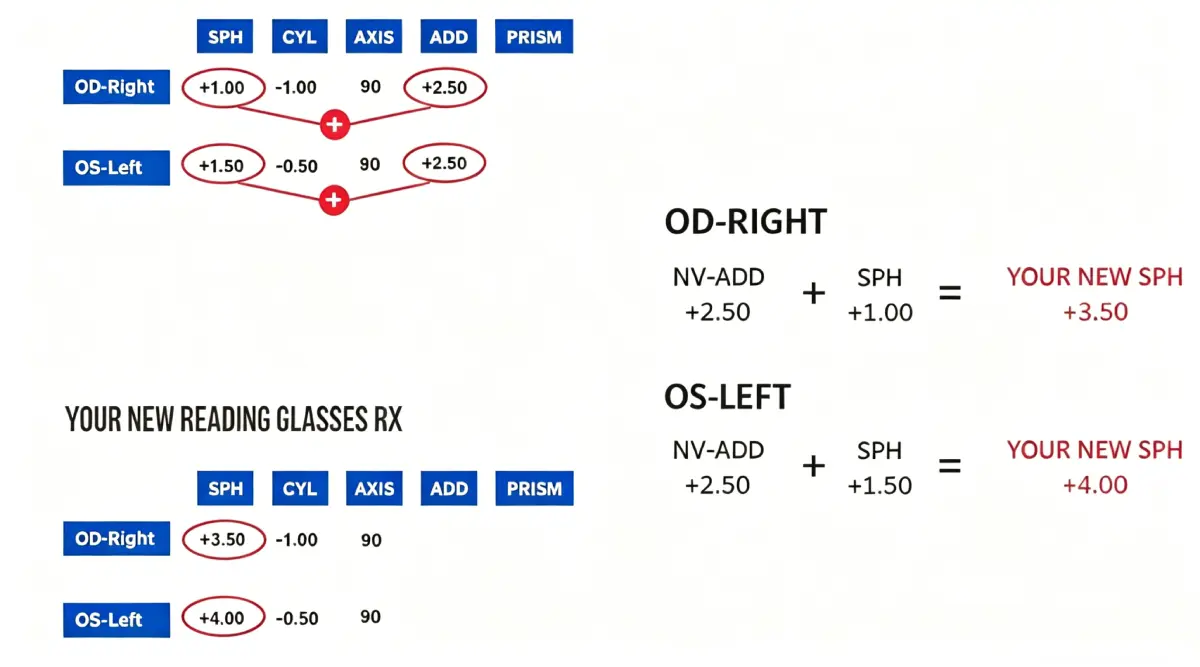 Example reading prescription table beside the online form with OD, OS, SPH, CYL, AXIS, and dual PD fields
