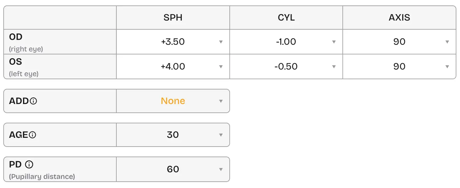 Reading prescription table beside the online form with OD, OS, SPH, CYL, AXIS, and dual PD fields