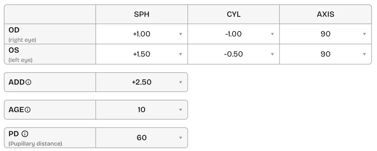 Reading prescription table beside the online form with OD, OS, SPH, CYL, AXIS, and dual PD fields