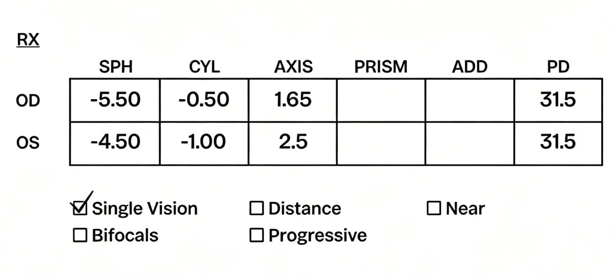 Example single vision prescription table beside the online form with OD, OS, SPH, CYL, AXIS, and dual PD fields