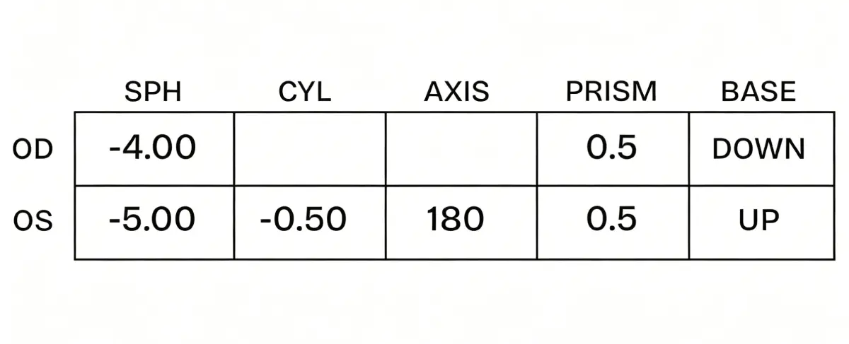 Example single vision prescription table beside the online form with OD, OS, SPH, CYL, AXIS, and dual PD fields