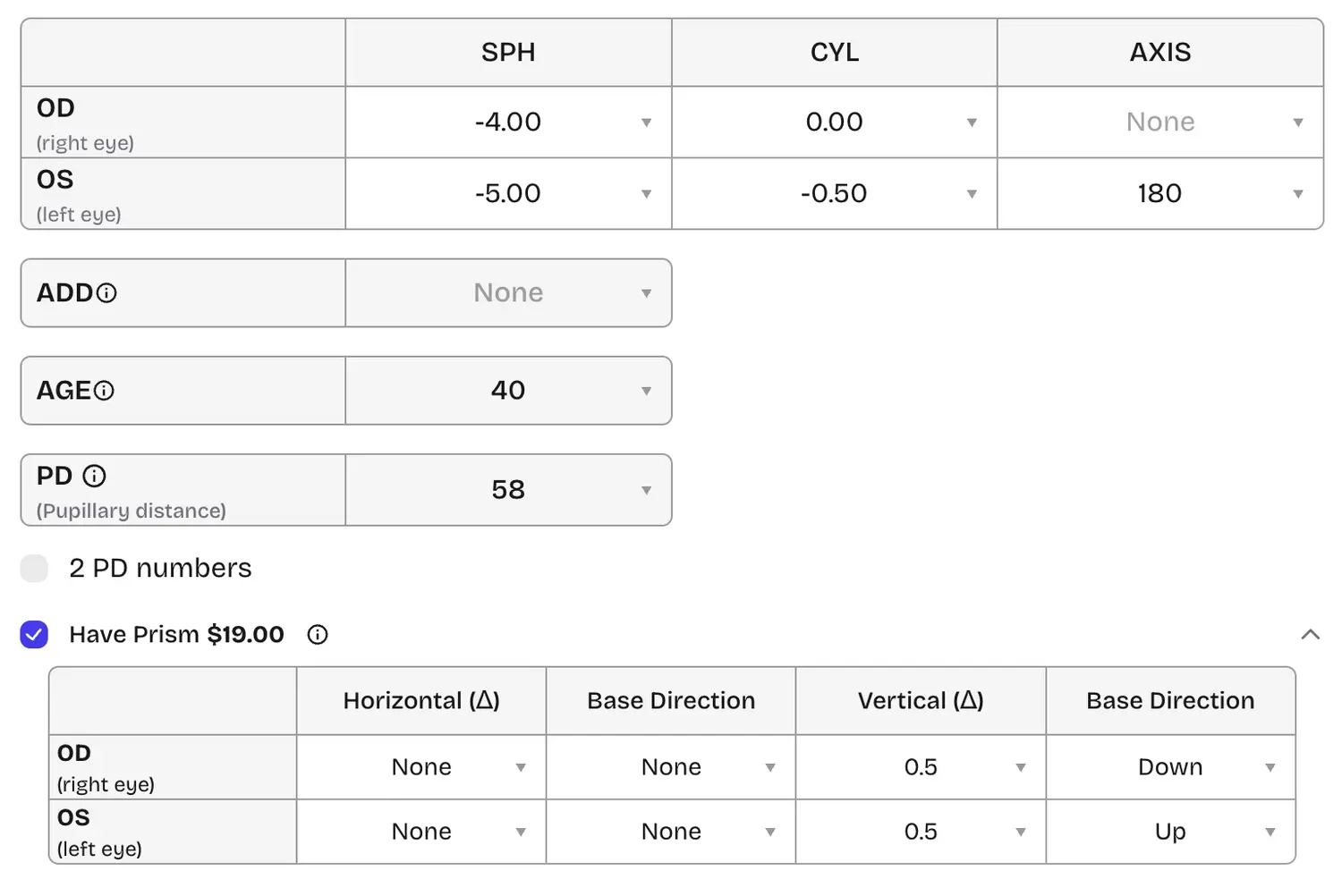 Prescription with prism and base directions mapped to the form including Add prism and PD