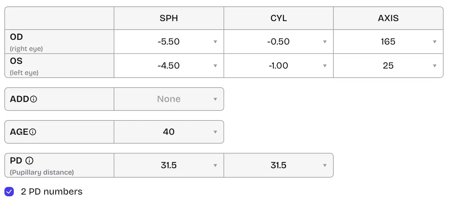 Example single vision prescription table beside the online form with OD, OS, SPH, CYL, AXIS, and dual PD fields